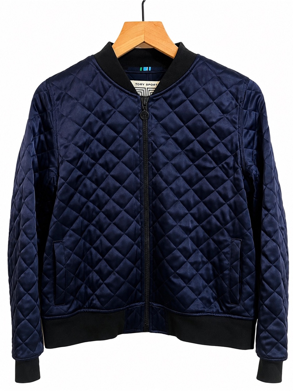 Tory Burch Sport Quilted Bomber Jacket Satin Blue Size Small